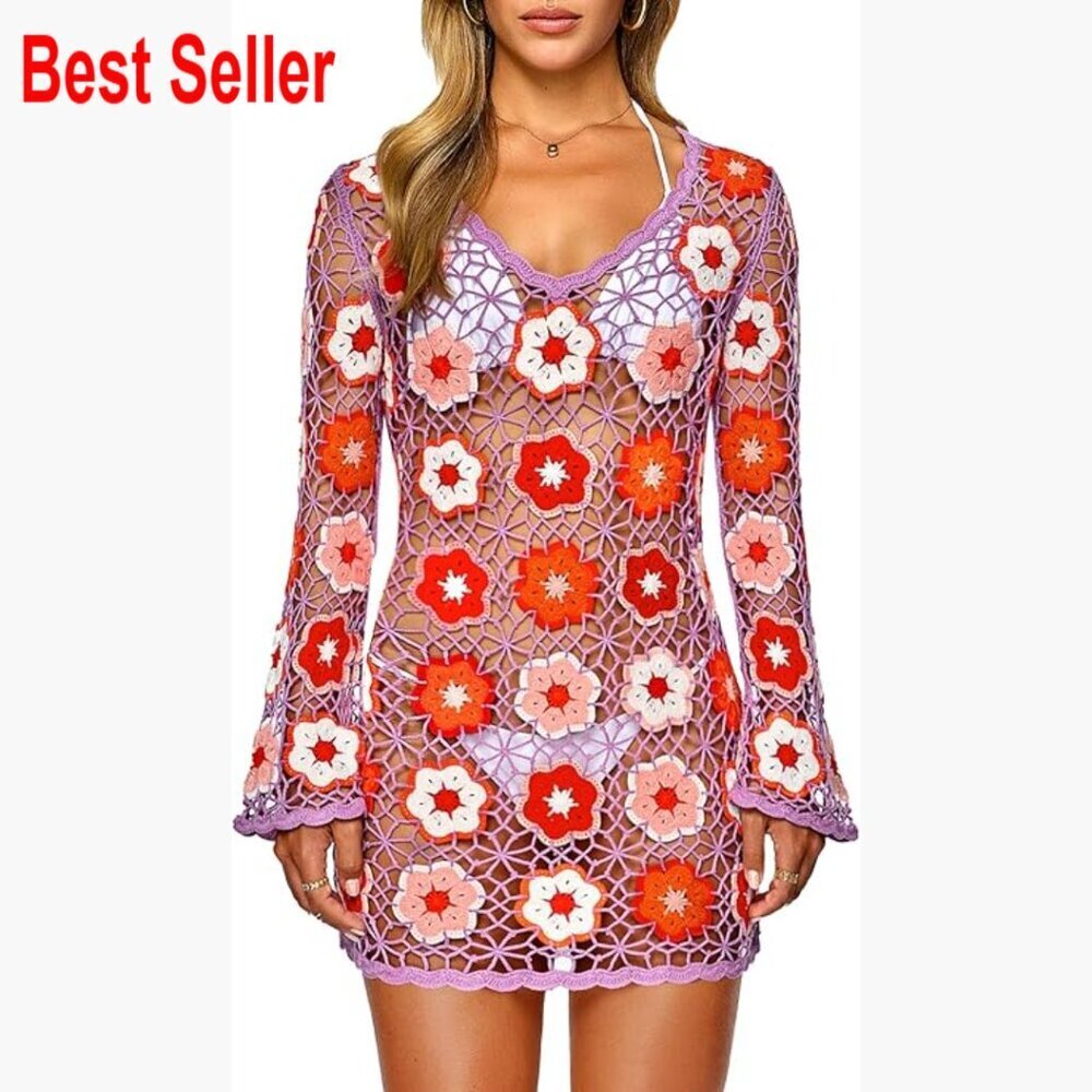 Crochet Beach Cover Up Dress with 3D Camellia Embroidery Boho Bell Sleeve